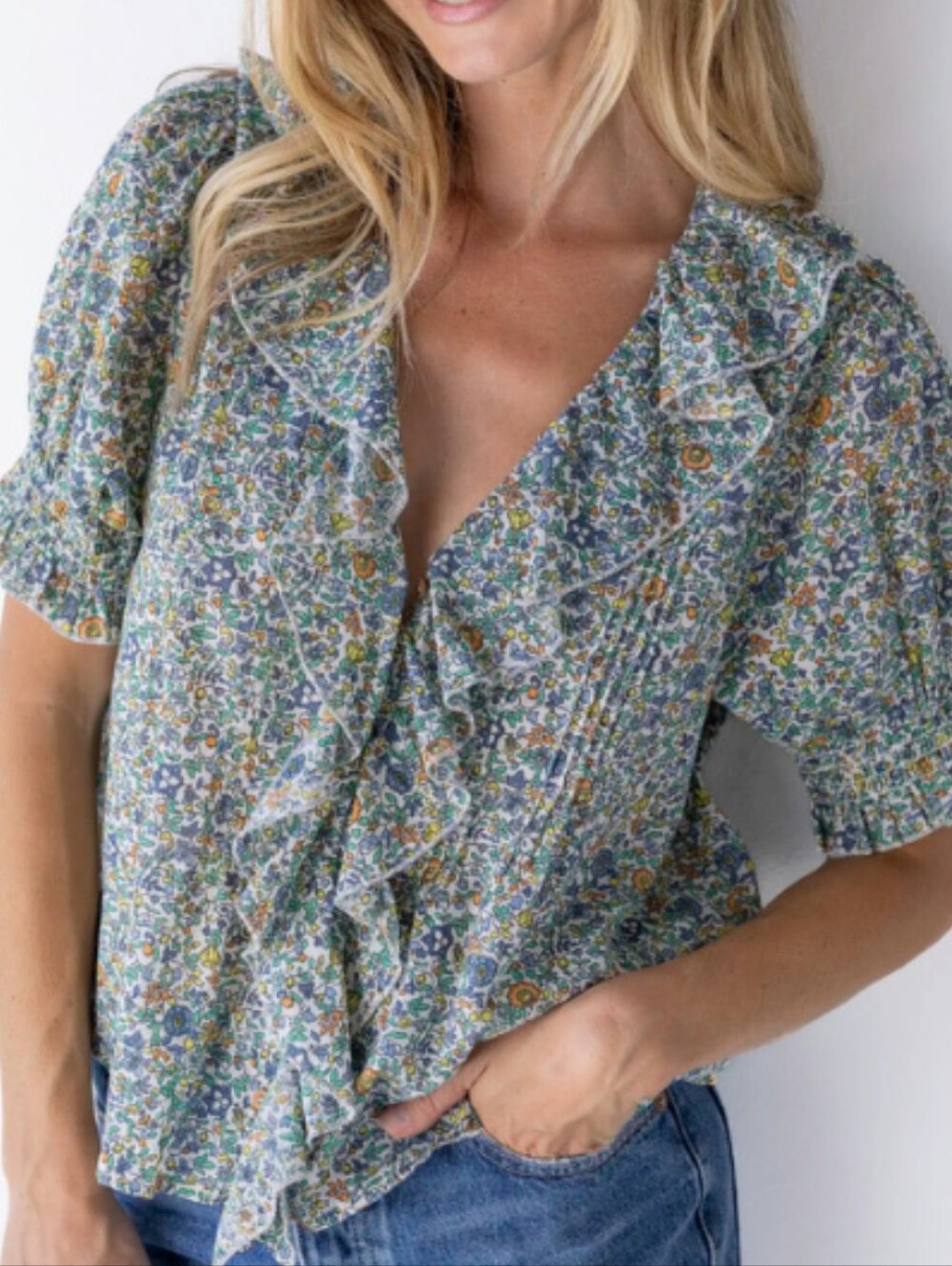 NATURAL LIFE My Favorite Cotton Top Floral Ruffle Blouse in Blue, Green, Yellow